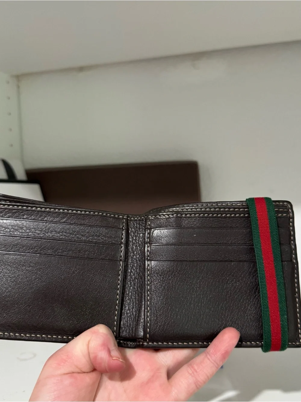 Gucci Beige Brown GG Supreme Canvas Money Clip with Green-Red Web